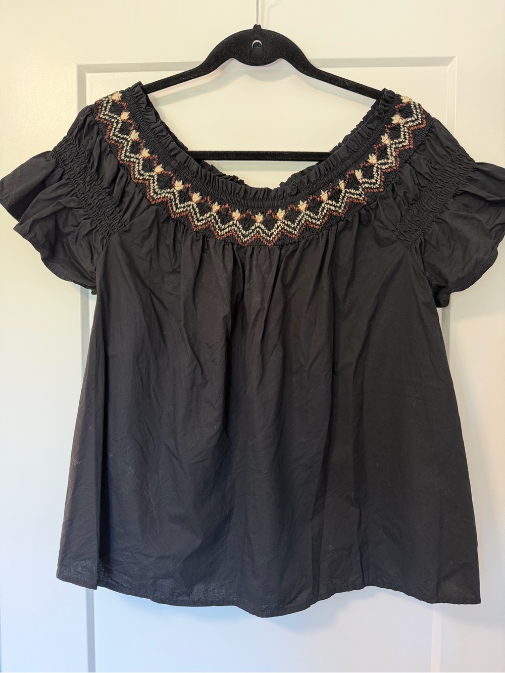 Old Navy Black Off-Shoulder Top with Multicolor Embroidered Yoke